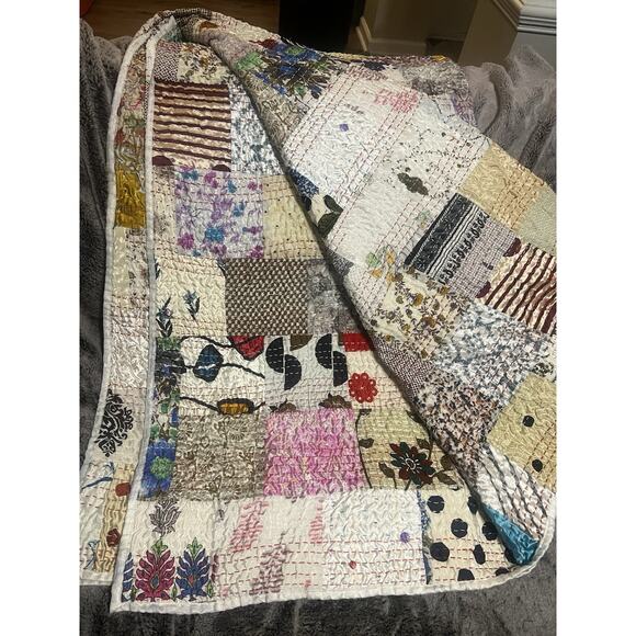 Handmade Kantha Quilt Vintage Boho Throw Blanket Bedspread 96x84 in Hippie Decor - Picture 7 of 8